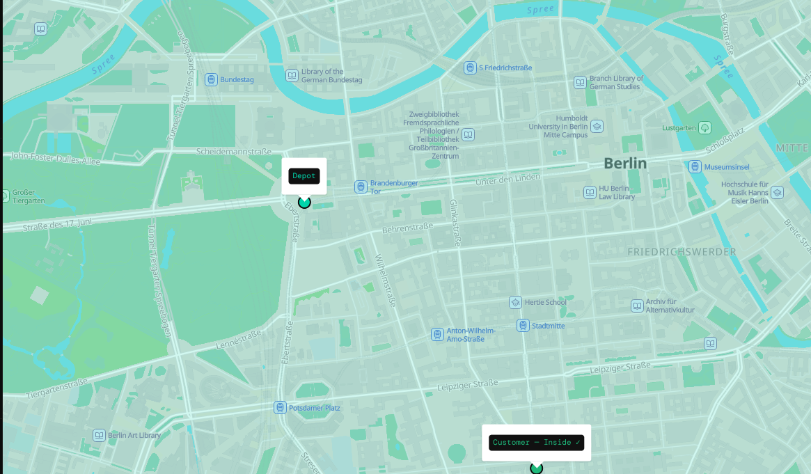 Zone check demo showing isochrone polygon with customer pins